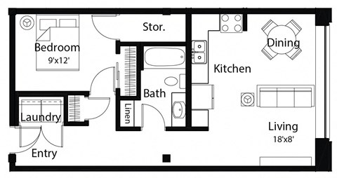 Floor plan for 1 bed, 1 bath, 626 sqft